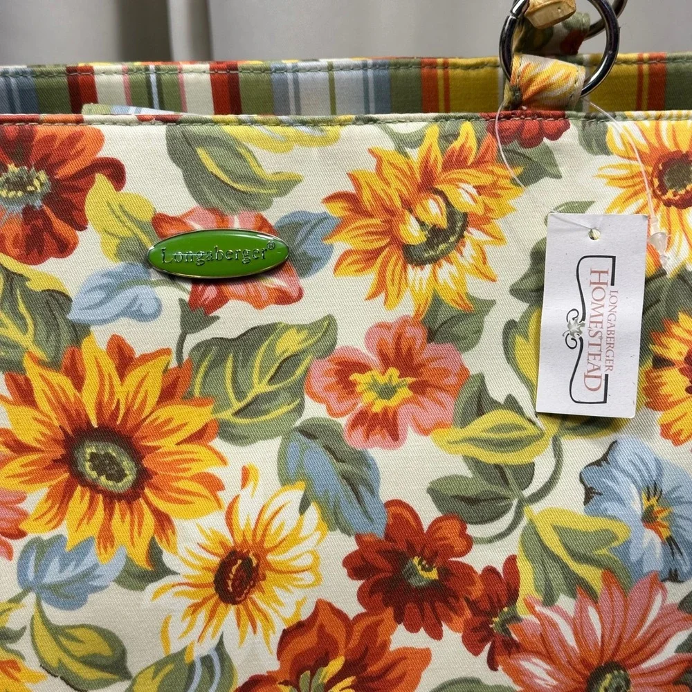 Longaberger Tote Bag Womens Large Yellow Floral Bamboo Handle New Tags